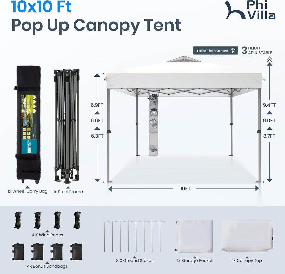 PHI VILLA 10x10 Pop Up Canopy Tent, One Push Easy Set Instant Shade Tents