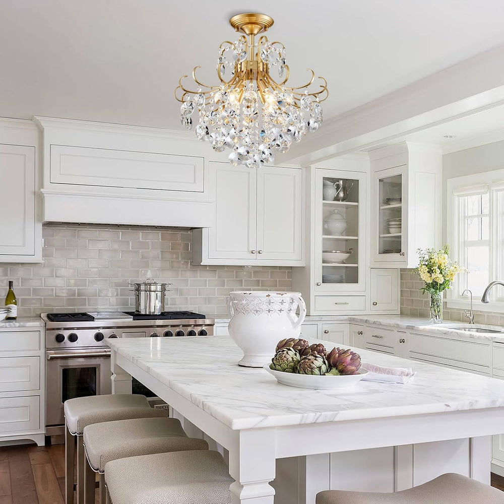 Gold Crystal Chandelier Ceiling Light, Luxury Crystal Semi Flush Mount Ceilin...