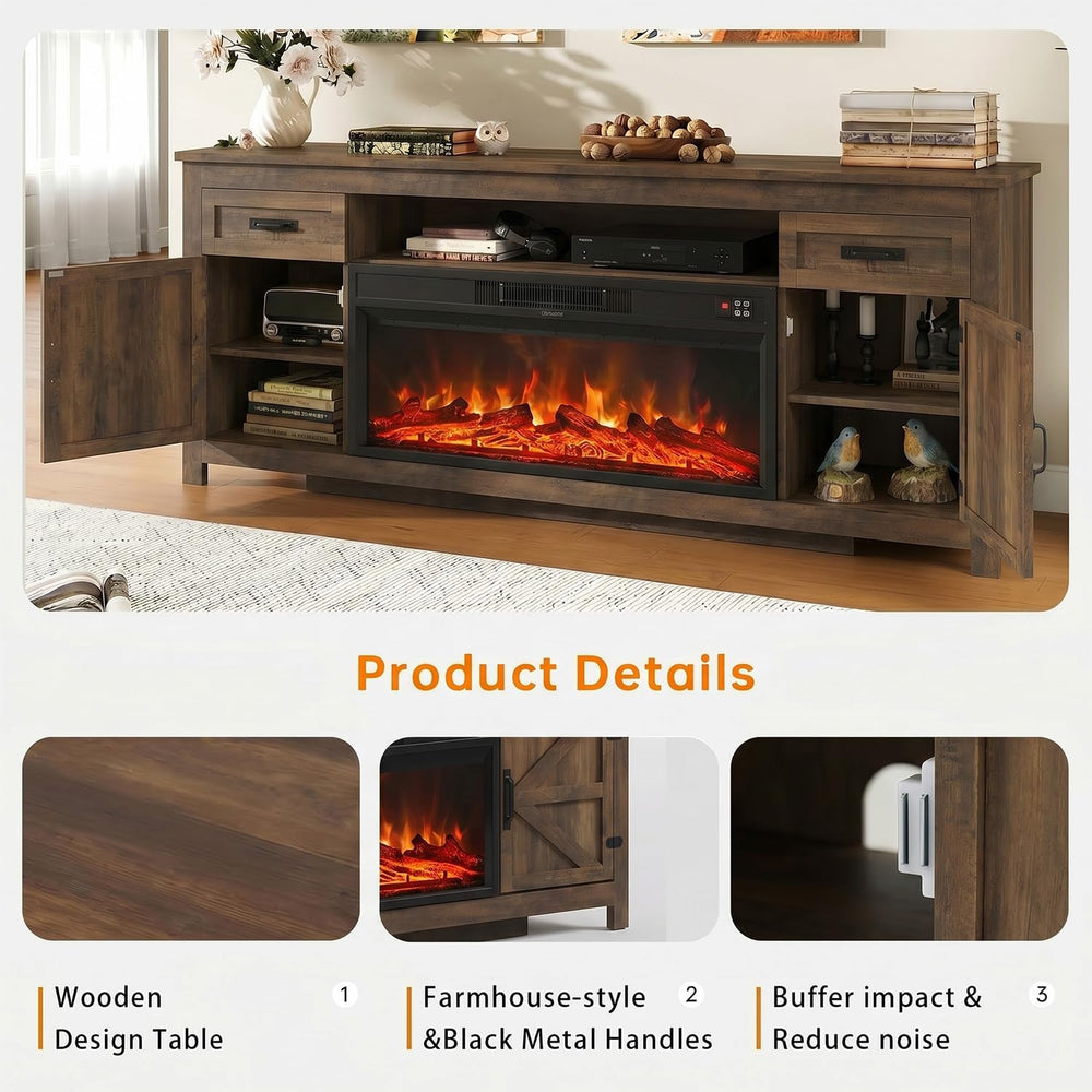 Fireplace TV Stand, 70" Farmhouse TV Stand with Barn Door for 80" T...