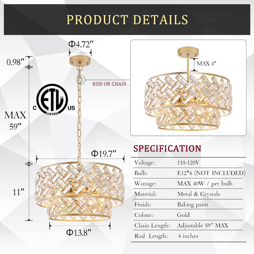 CATINER 20" Gold Crystal Chandelier, 6-Light Semi Flush Pendant