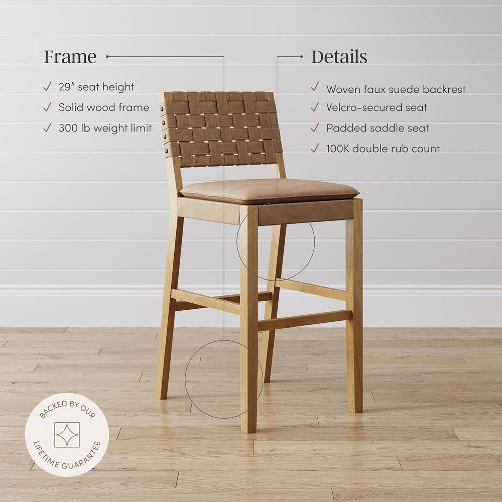 Nathan James Cohen Mid-Century Modern 29 in. Wood Bar Stool, Upholstered Faux...