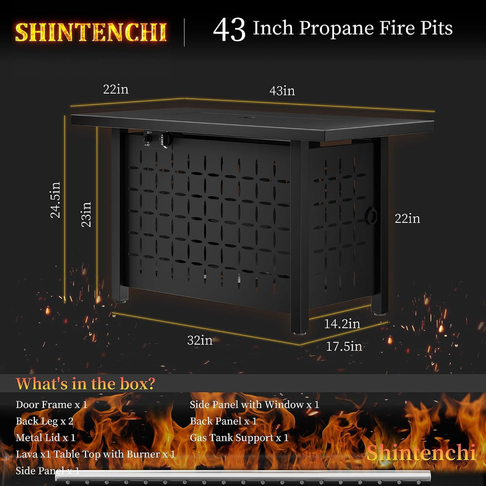 Shintenchi 43" Propane Fire Pit,60,000 BTU Gas Fire Pit Table,Black