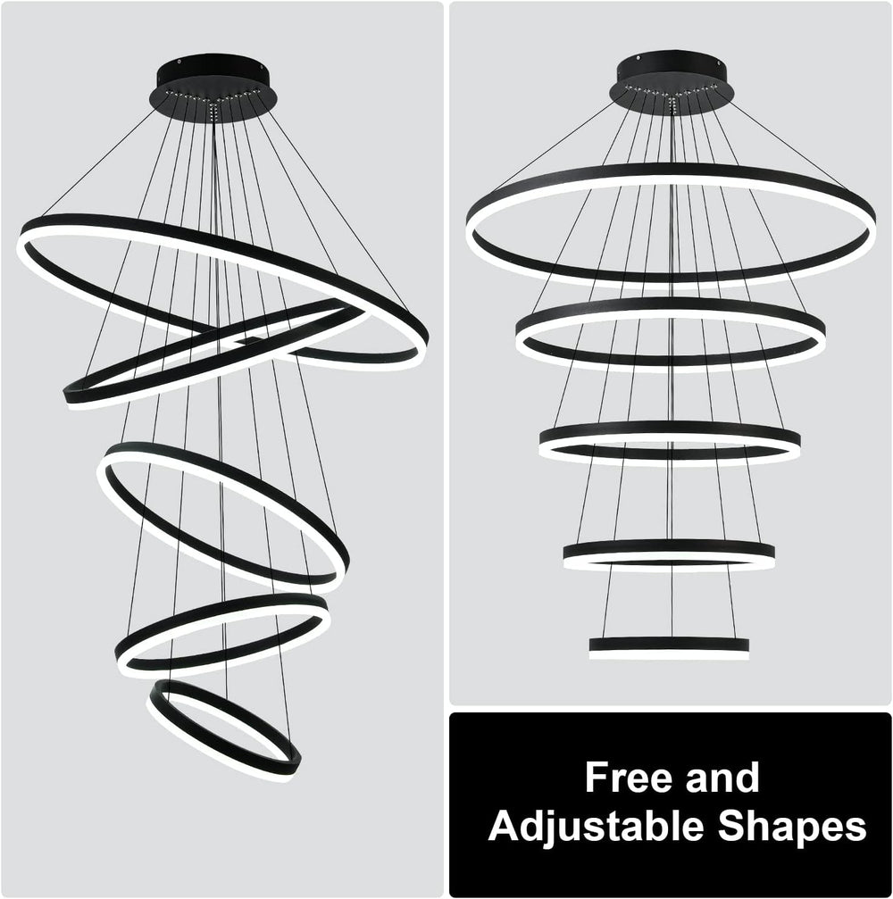 5-Rings Modern LED Chandelier Black Dimmable High Ceiling Chandelier for Dini...