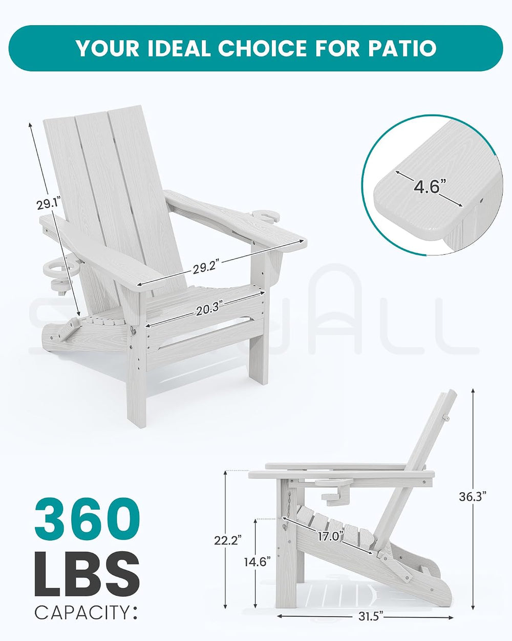 SERWALL HDPE Modern Folding Adirondack Chair with Dual Cup Holder, White
