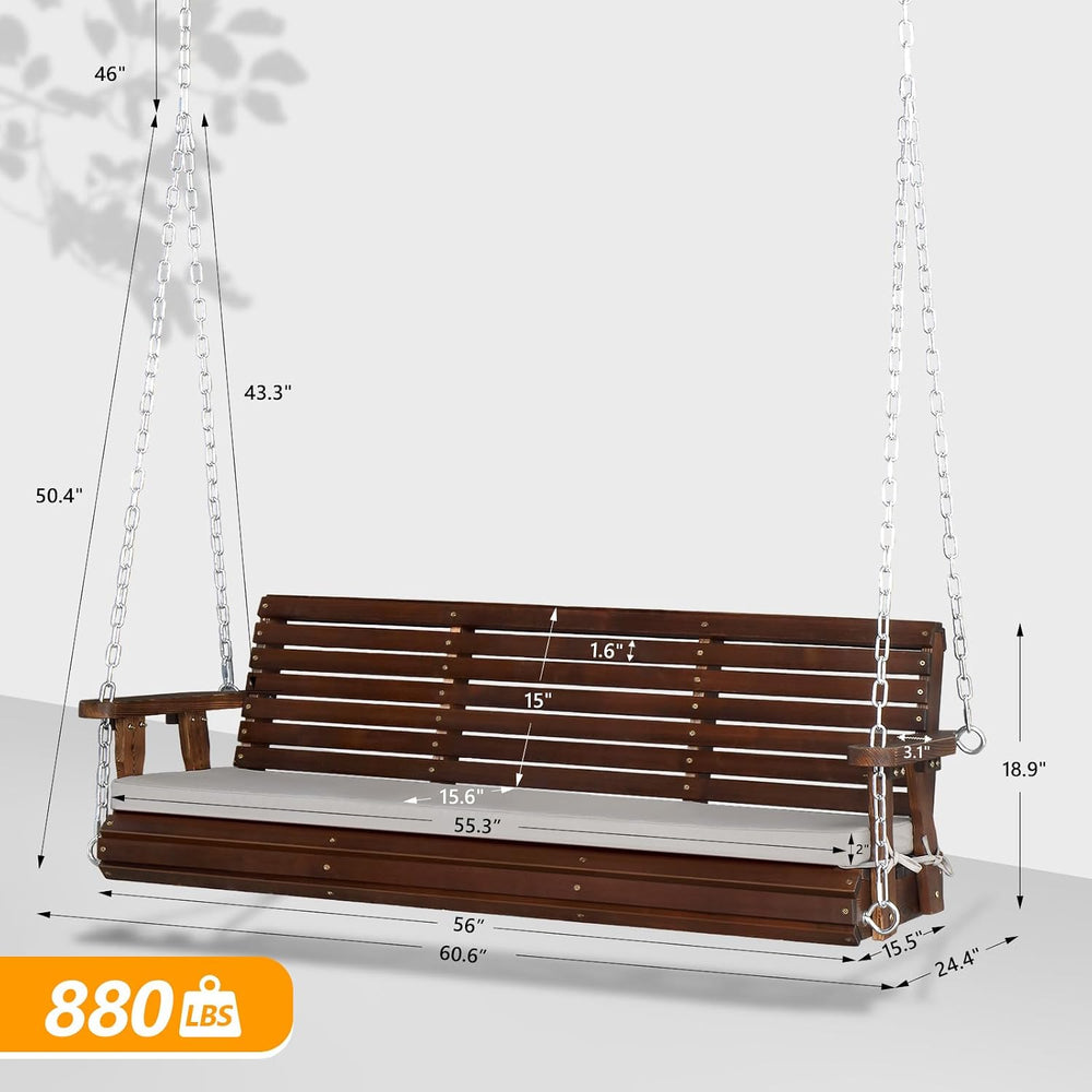 VINGLI 5 FT Heavy Duty Porch Swing with Cushion, 880 LBS Wooden, Rustic