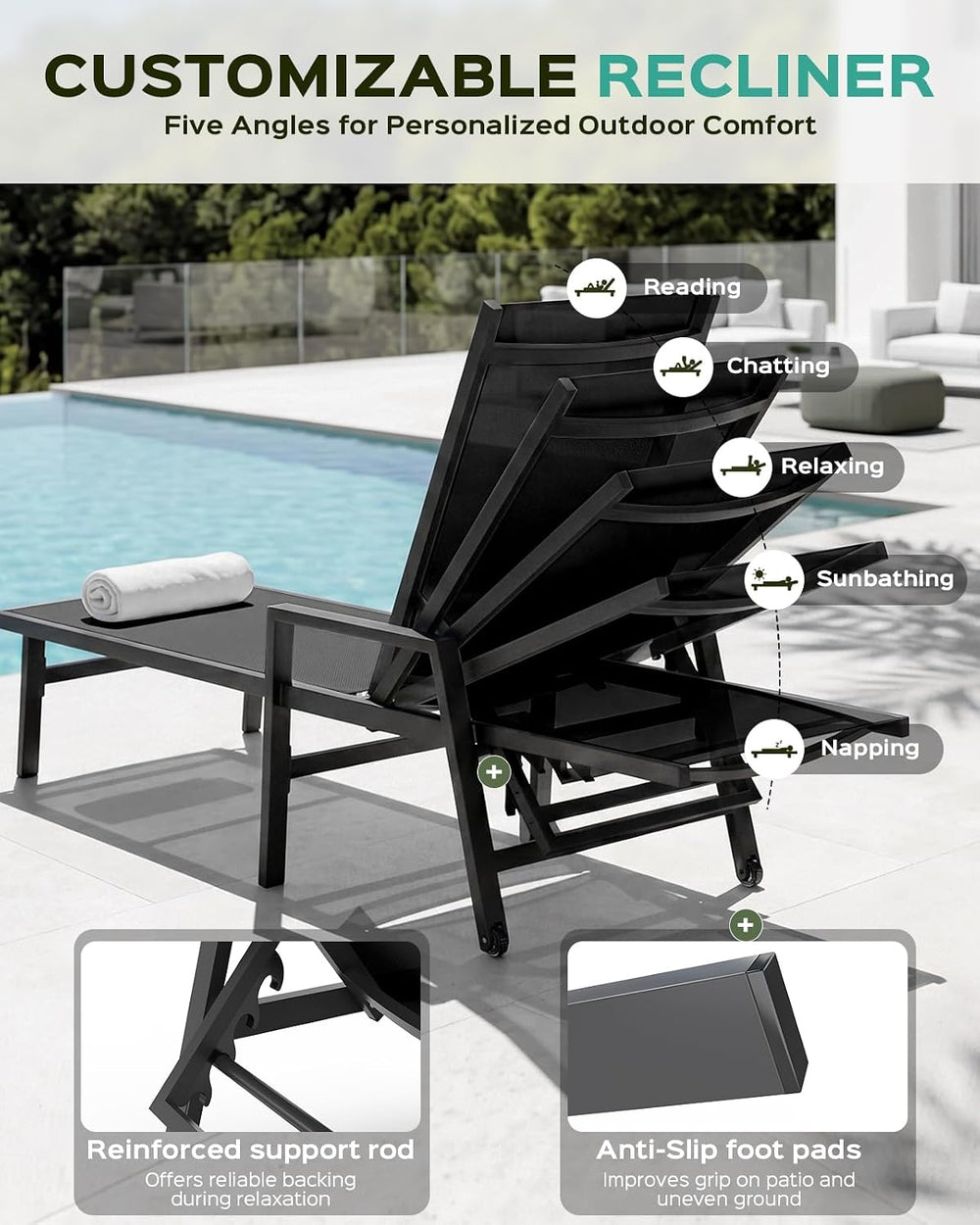 Vexwalx Patio Chaise Lounge Chair Outdoor with Wheels&Armrests, Aluminum ...