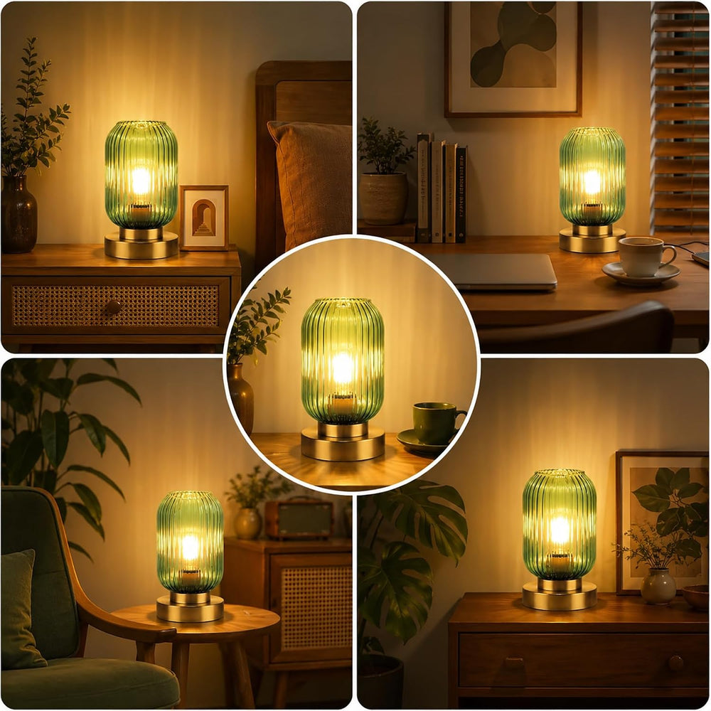 Mid Century Modern Table Lamp, Touch Control & 3 Way Dimmable, Green Ribb...