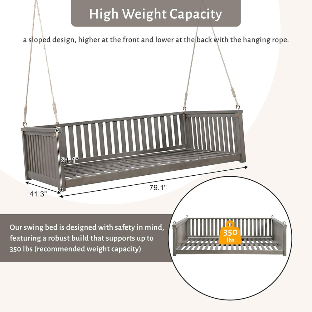 Patio Minimalist Acacia Wood Porch Swing with Hemp Rope, Twin Size Garden Swi...