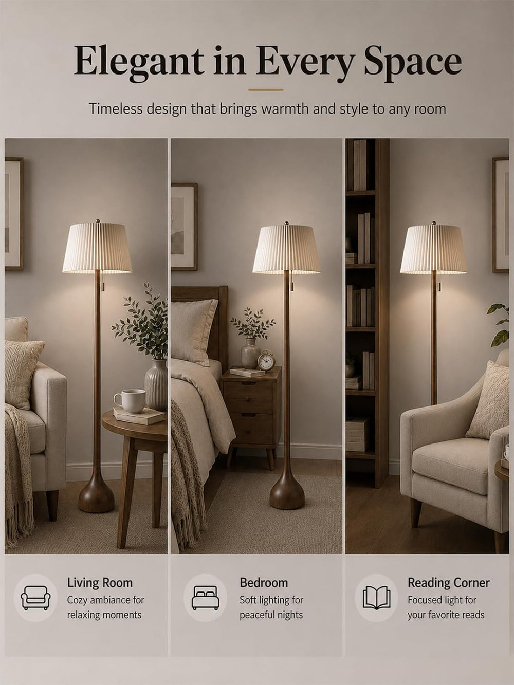 MOFFE Mid Century Modern Real Wood Floor Lamp with Remote, 2 Shades