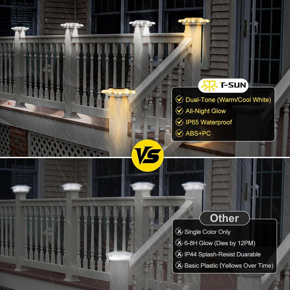 T-SUN 4x4 Solar Post Lights, 6 Pack Warm & Cool White for Post with Stairs