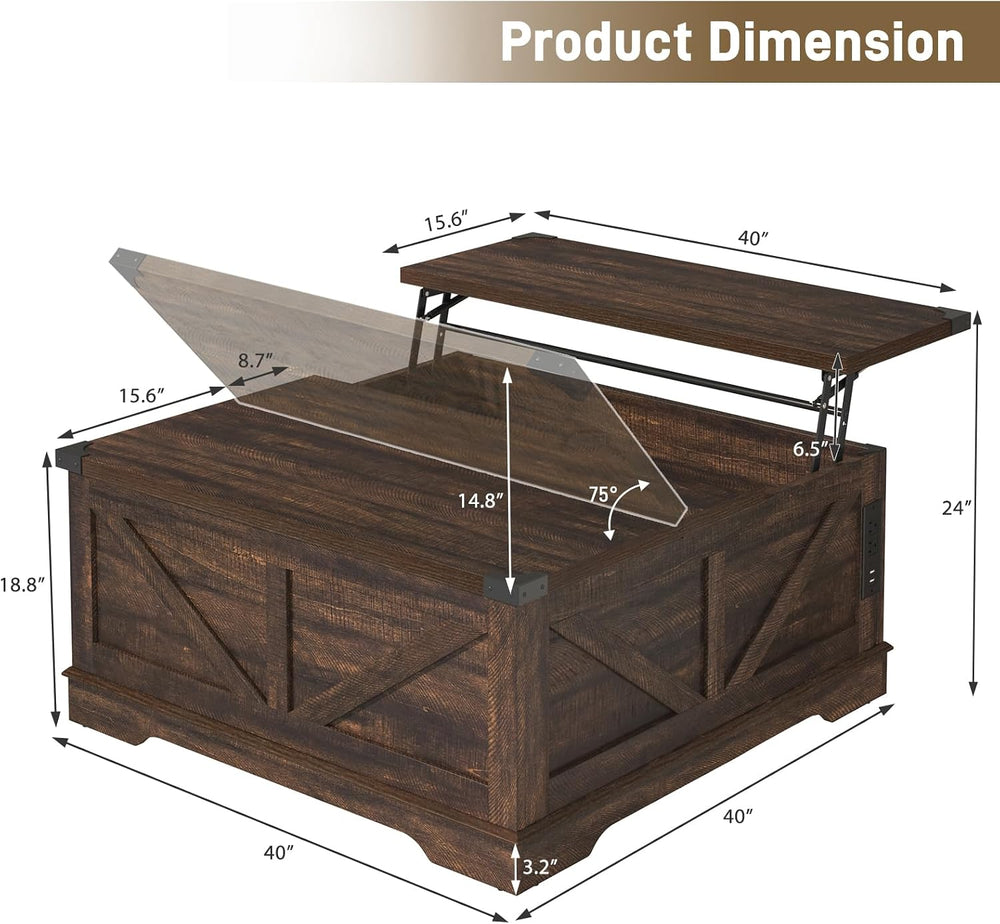 Hlivelood 40” Large Farmhouse Lift Top Coffee Table with Power Outlets and La...