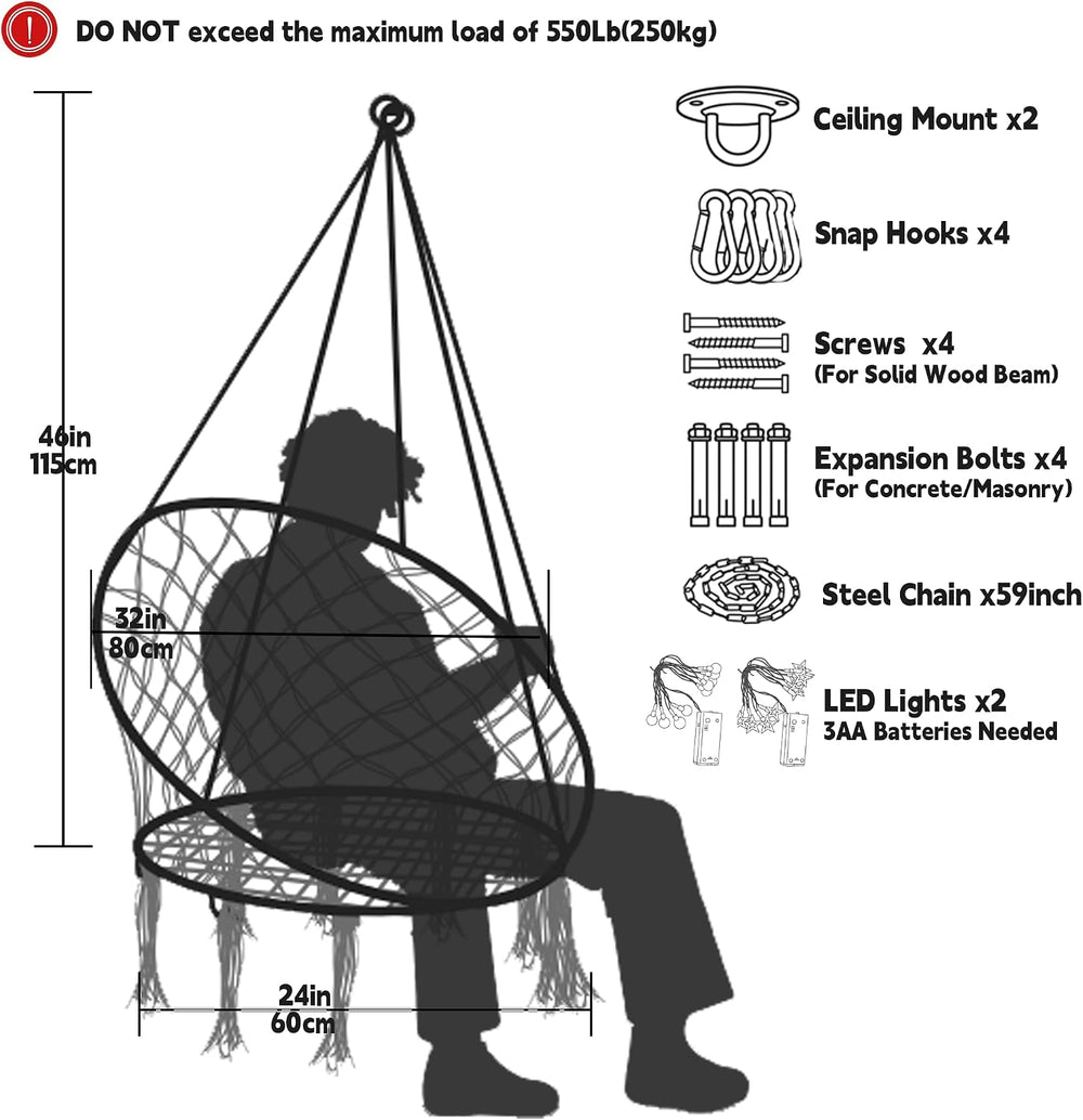 KASHAN Hanging Chair for Bedroom Hammock Chair Swing with Lights and Hardware...