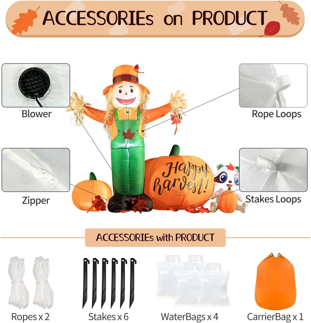DomKom 6ft Tall LED Lighted Inflatable Scarecrow and Pumpkin – Halloween Than...