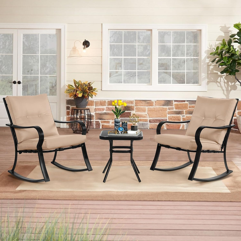 SOLAURA 3-Piece Outdoor Rocking Chairs Bistro Set, Black Iron Patio Furniture...