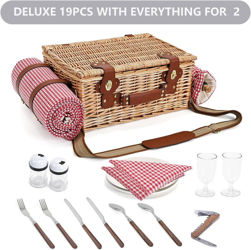 Picnic Basket with Blanket and Wine Pouch for 2, Wicker Picnic Set with Insul...