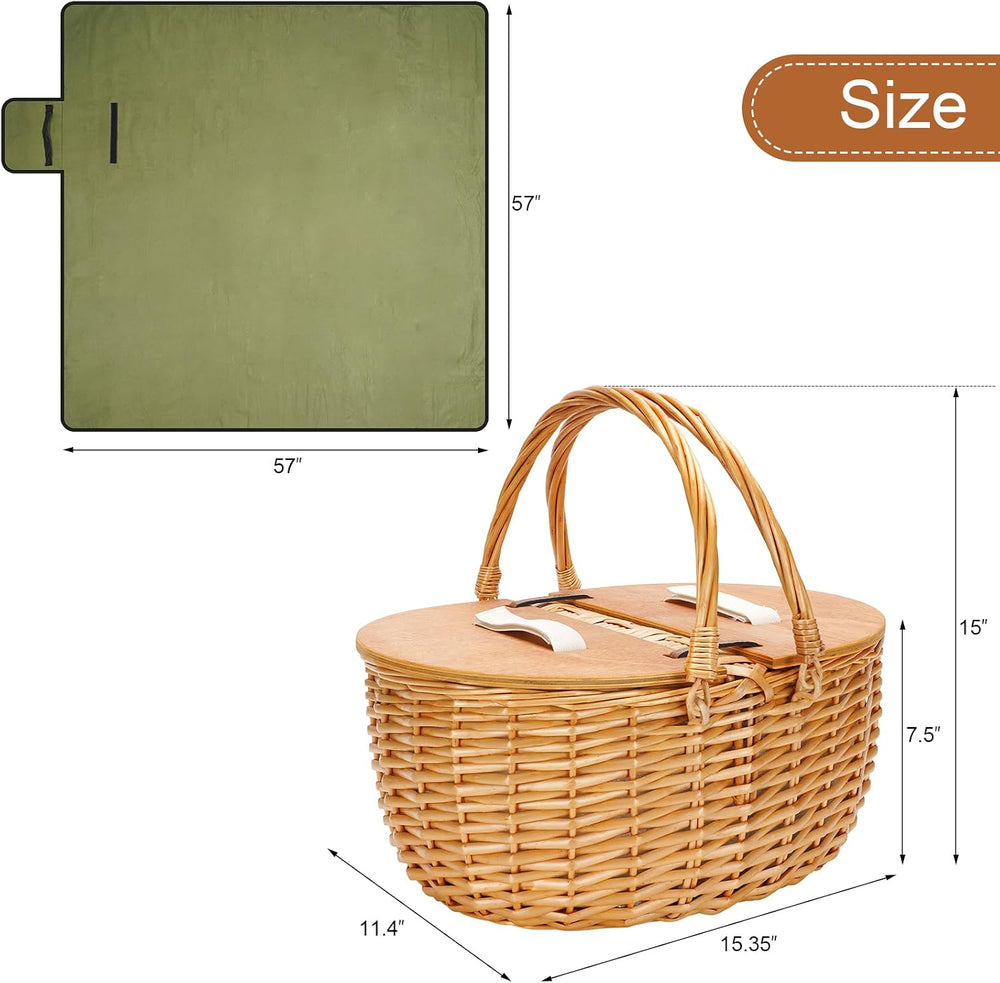 15" Cooler Picnic Basket with Blanket, Wooden Split Lid Picnic Basket