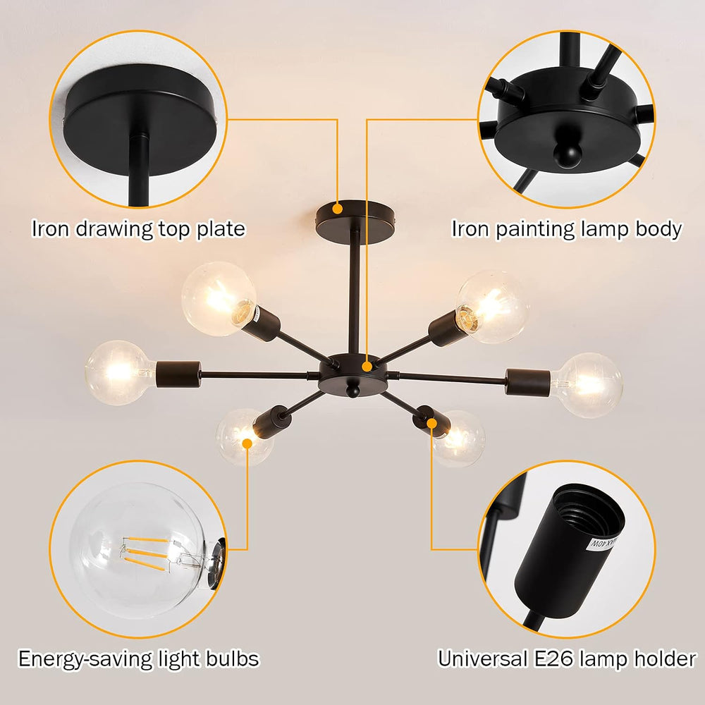UOFUS Sputnik 6 Light Chandelier Black Mid Century Ceiling Light Fixture Mode...