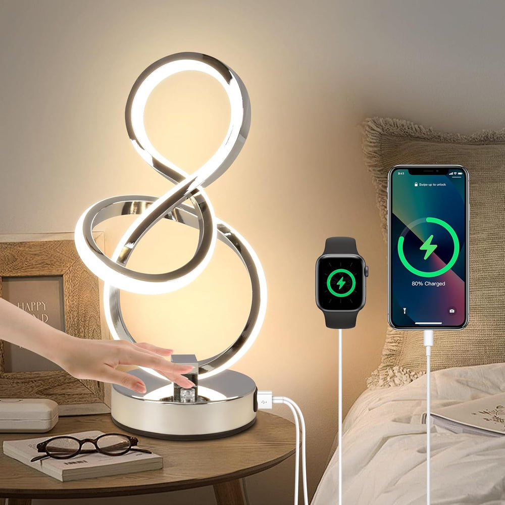 Modern Table Lamp, LED Bedside lamp with USB C+A Ports, Touch Stepless Dimmab...