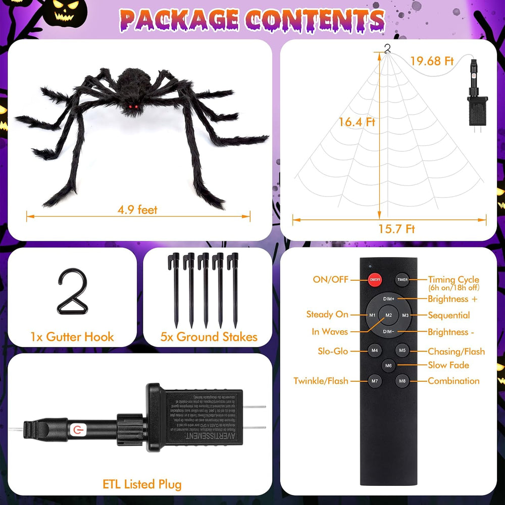 OCATO 200" Halloween Decorations Spider Web Lights Outdoor +59" Fak...