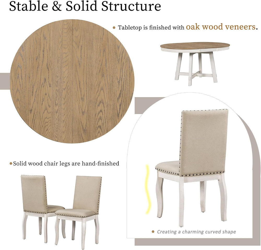 Merax Farmhouse Dining Table Set - 5-Piece Wood Round Extendable Table and 4 ...