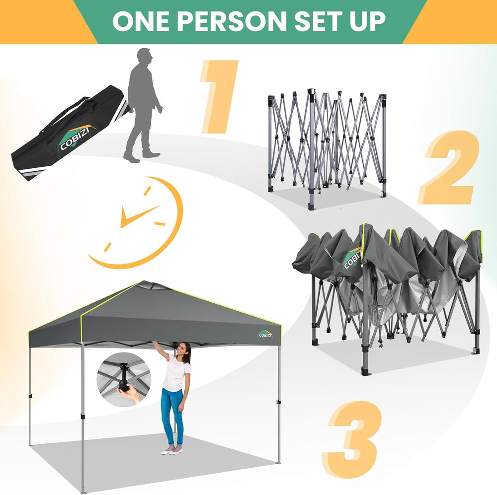 COBIZI 10x10 Pop Up Canopy - One Push Setup Tent, Glow Strips, 4 Sidewalls