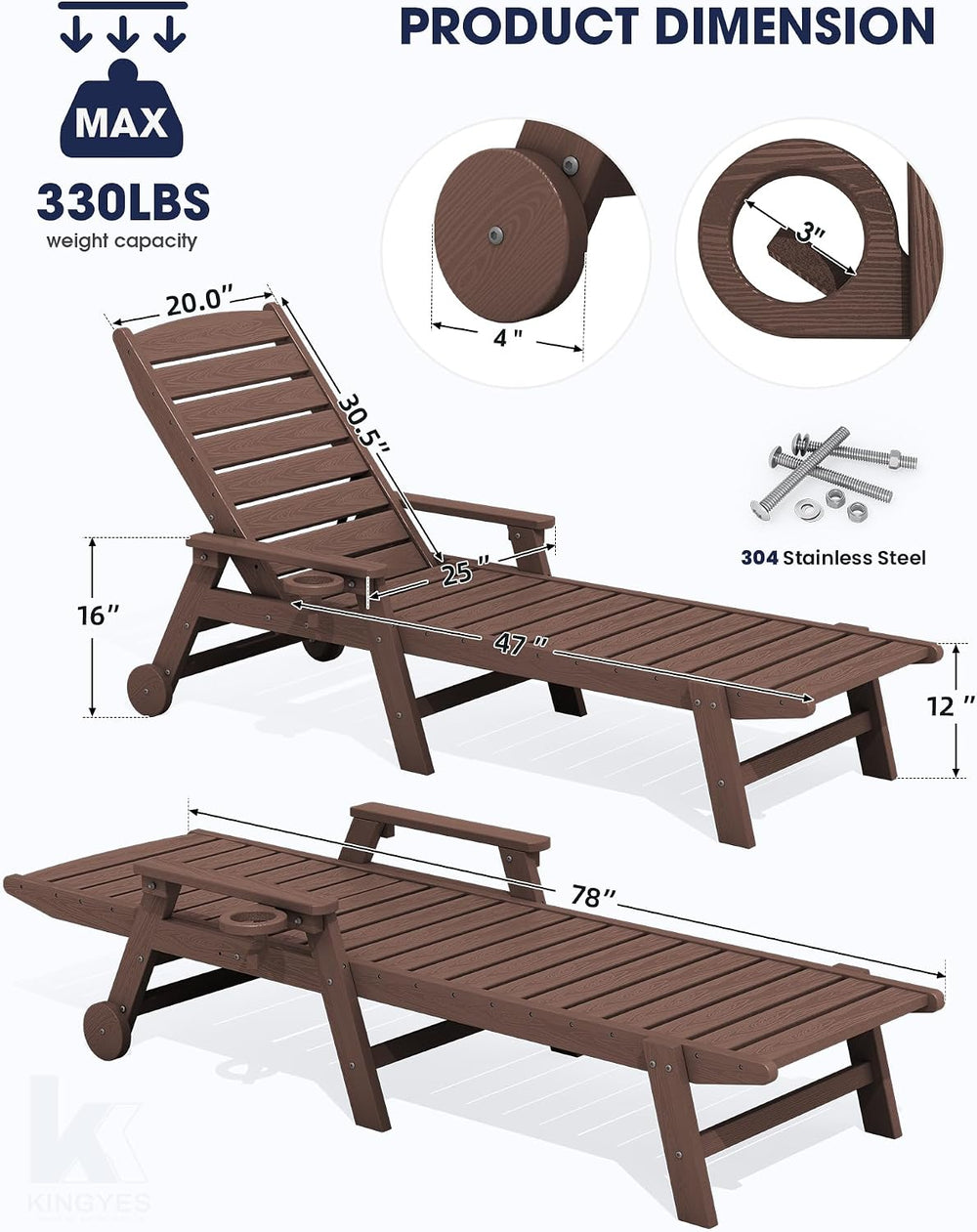 KINGYES HDPE Lounge Chair Outdoor Set of 2, All Weather Pool Lounger