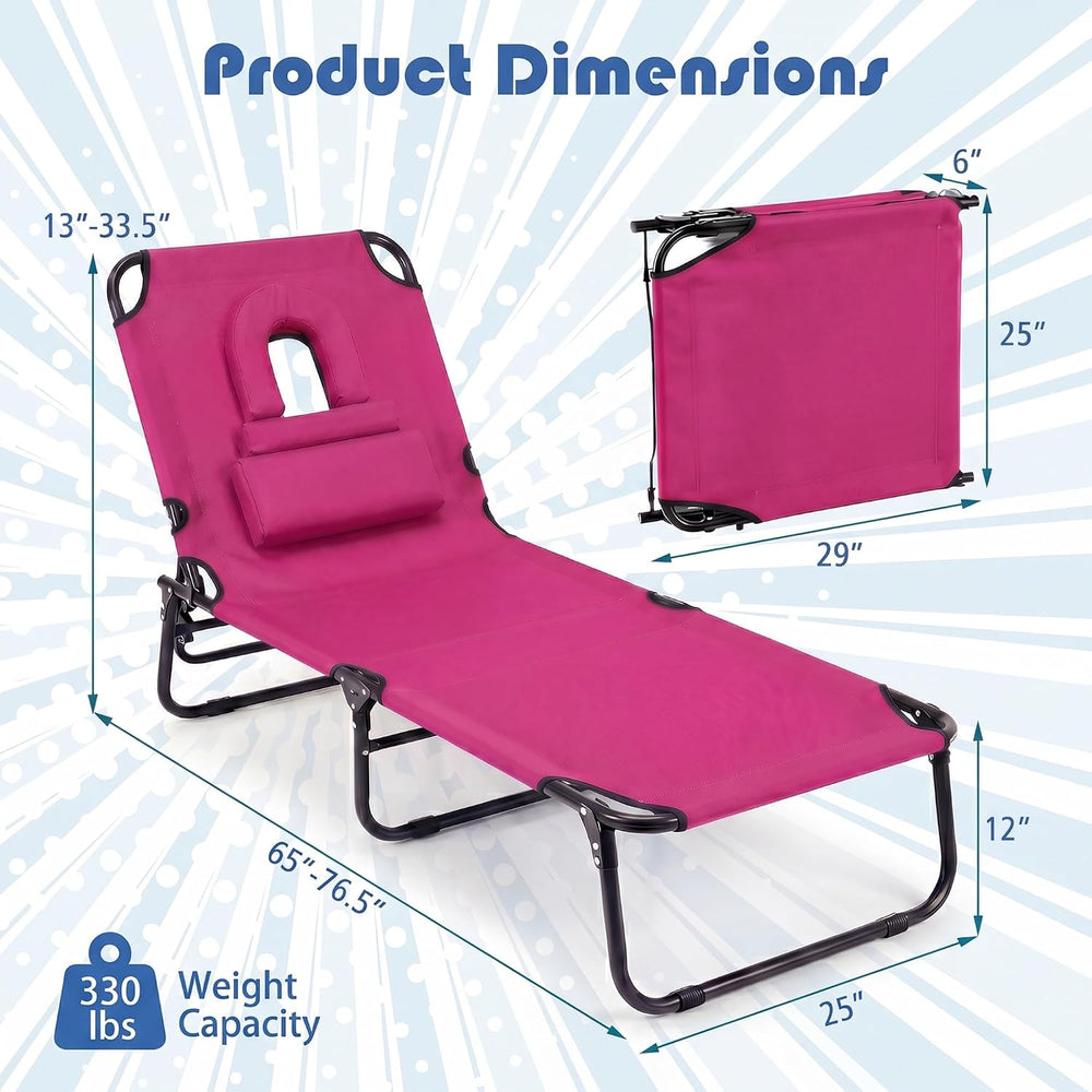 Goplus Tanning Chair, Folding Beach Lounge Chair with Face Hole, Removable Pi...
