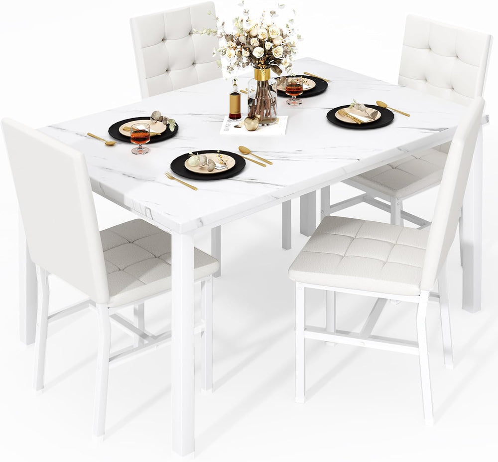 AWQM Dining Table Set for 4,Faux Marble Kitchen Table and Chairs Set of 4, Mo...