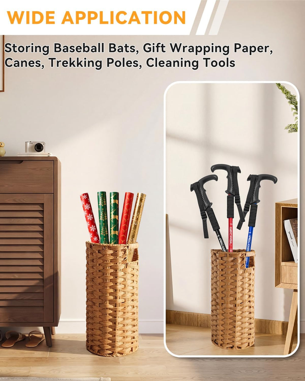 Rattan Umbrella Stand for Entryway,Hand-Woven Umbrella Holder Indoor with Doo...