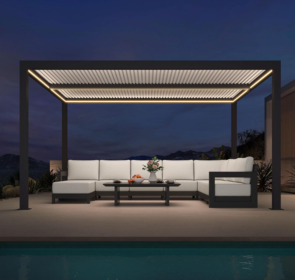 PURPLE LEAF 12' x 14' Louvered Pergola w/LED Lights & White Alumi...