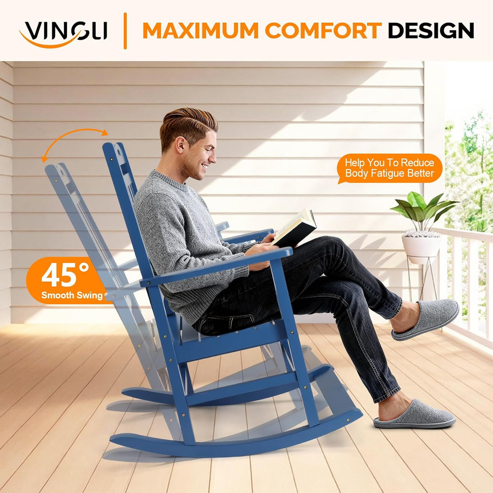 VINGLI Outdoor Rocking Chair with Footrest, Wooden Rocking Chair, Blue
