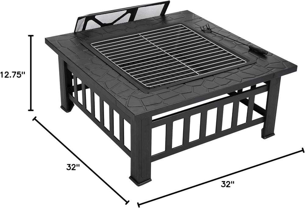 32 Inch Outdoor Fire Pit with Spark Screen Lid and Waterproof Cover, Square M...
