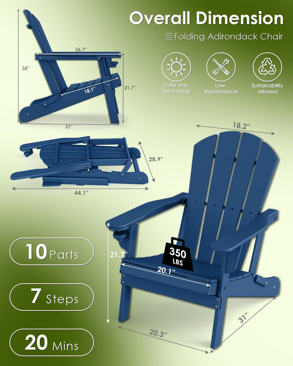 GREENVINES Folding Adirondack Chairs Set of 4 w/Cup Holder, HDPE, Blue
