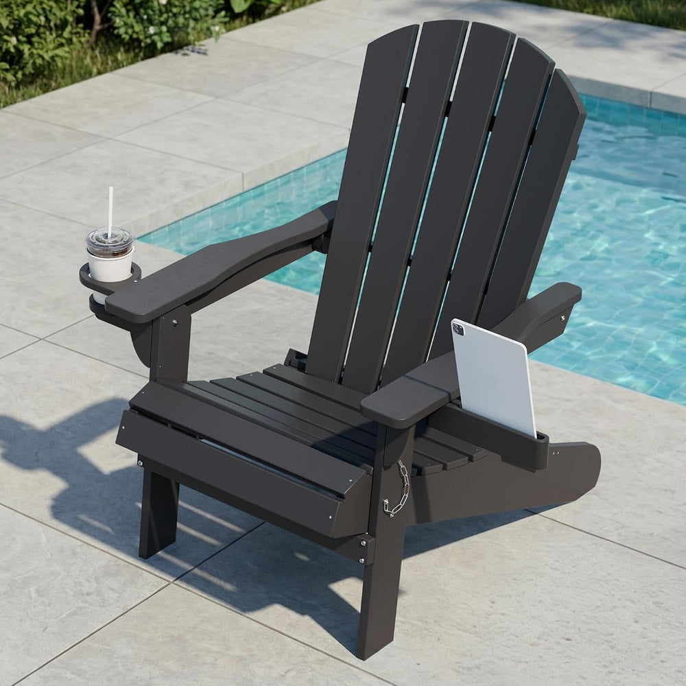 Shintenchi Folding Adirondack Chair,HDPE All-Weather Patio Chair with Cup Hol...