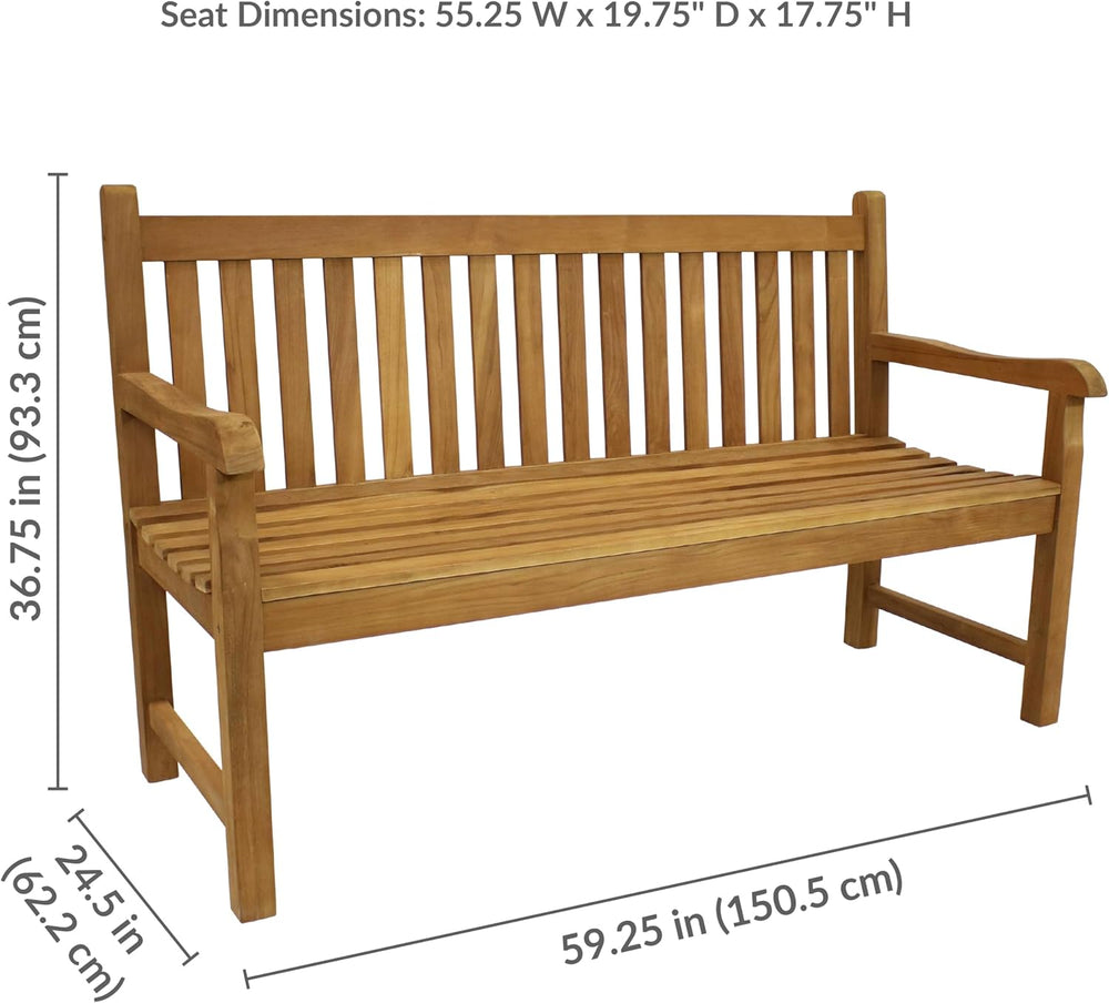 Sunnydaze Wooden Outdoor Teak Bench with Backrest, 59” W, Light Brown