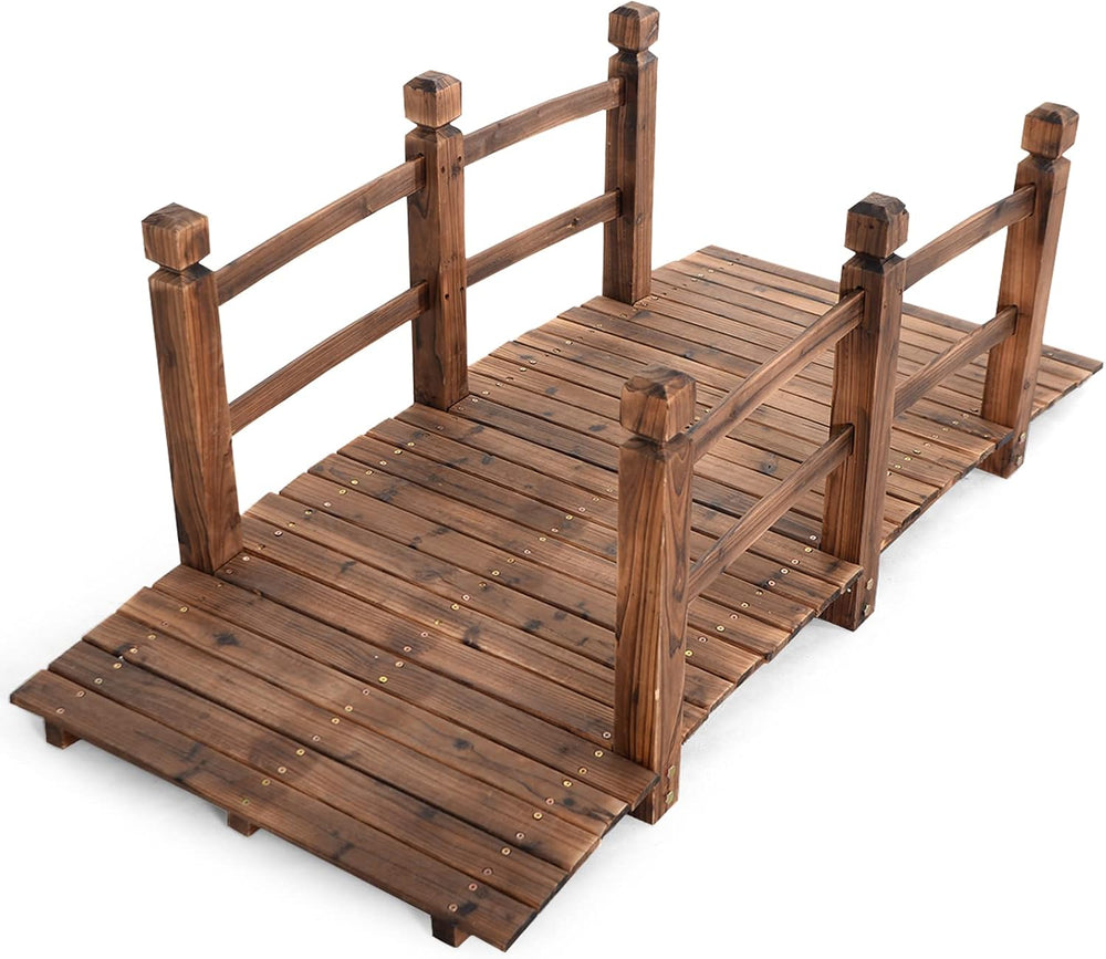 Giantex 5 FT Wooden Garden Bridge, Stained Wood Arc Footbridge with Railings,...