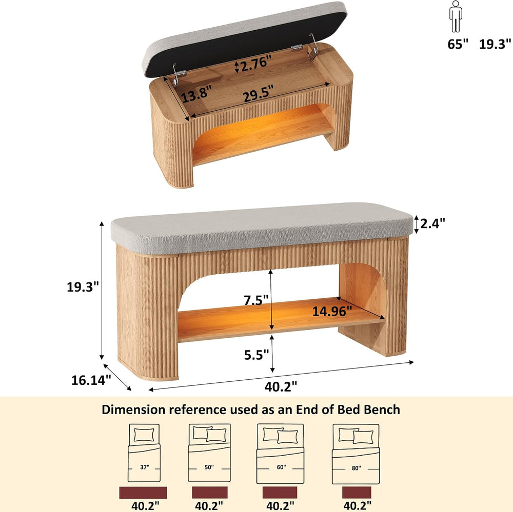HOMEFORT 40.2" Fluted Storage Bench with Built-in LED Light, Flip-Top Sh...