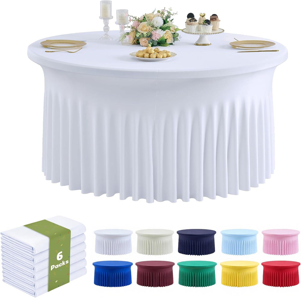 Outpain 6 Pack White Round Spandex Tablecloths for 60in Tables, 120Inch Stret...