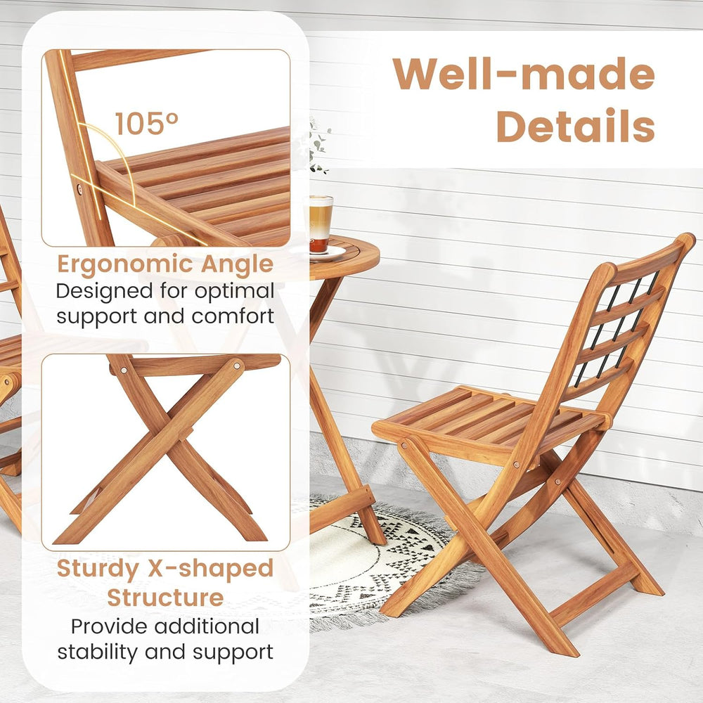 HAPPYGRILL 3 Pieces Acacia Wood Patio Bistro Set, Folding Outdoor Table and C...