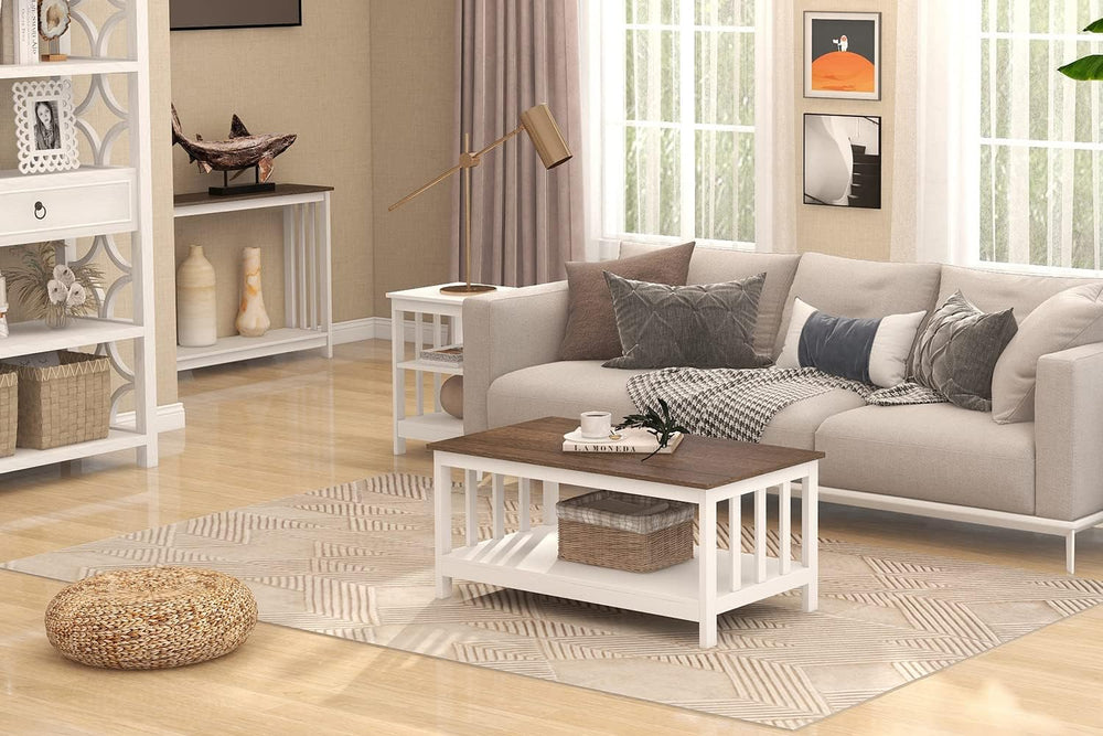 ChooChoo Farmhouse Coffee Table, White Living Room Table with Shelf, 40 Inch
