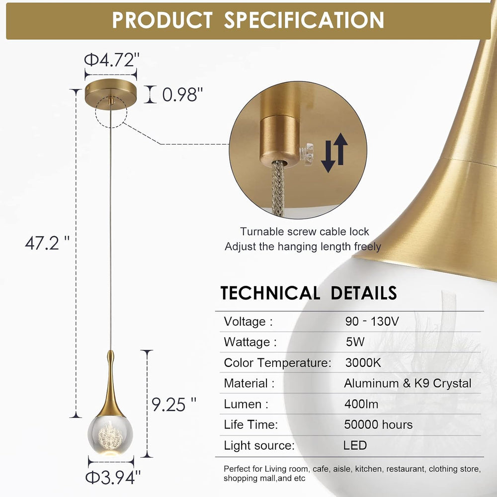 Modern LED Pendant Light for Kitchen Island, Dimmable Gold Teardrop Crystal C...