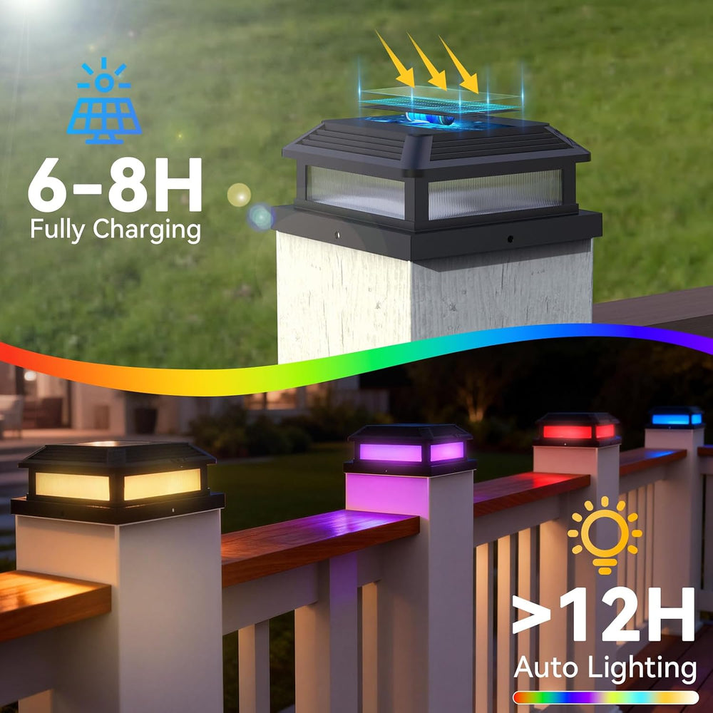 Solar Post Cap Lights Outdoor with Remote 6 Pack, Waterproof RGB Color Changi...