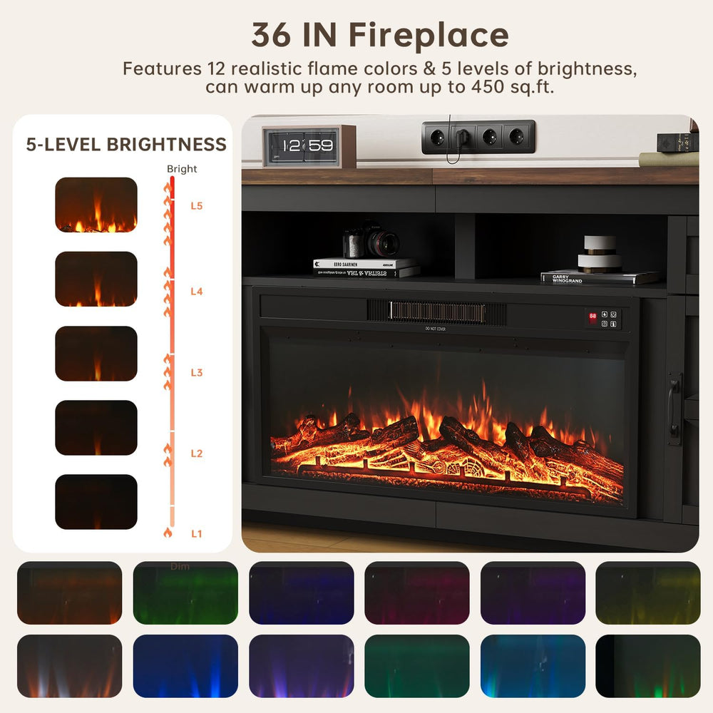 Fireplace TV Stand with Barn Door, 80 inch,Modern Black