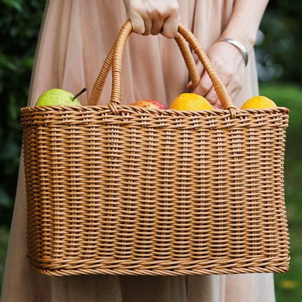VOSAREA Wicker Picnic Basket Woven Natural Household Basket with Lid Hand Wov...