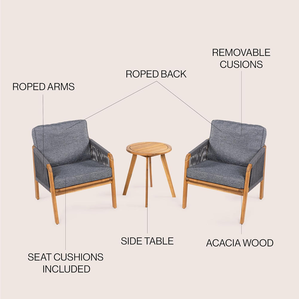 JONATHAN Y Aveiro 3-Pc Acacia Patio Conversation Set, Teak Brown/Gray