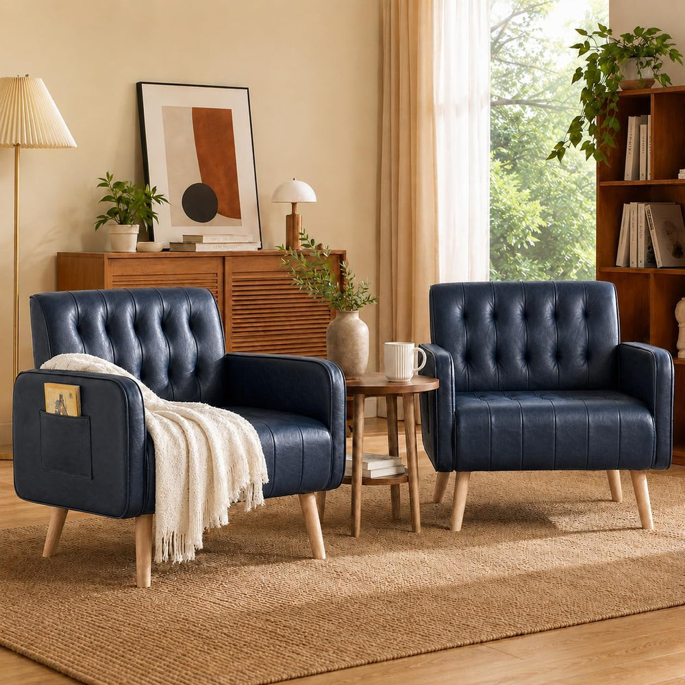 Leather Accent Chair Set of 2, Living Room Chair with Wooden Legs (Blue)