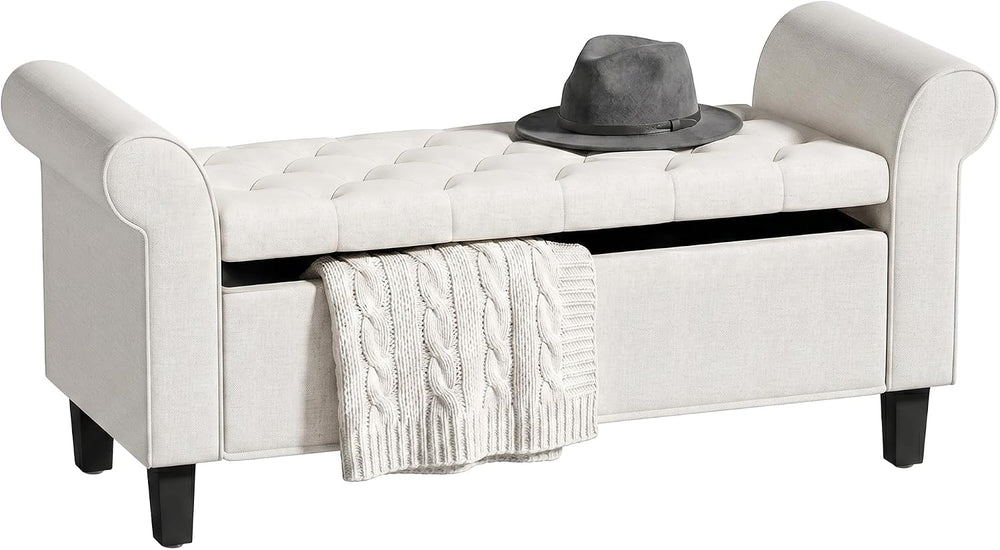 HOMCOM 47" Storage Ottoman End of Bed Bench with Rolled Arms Cream White
