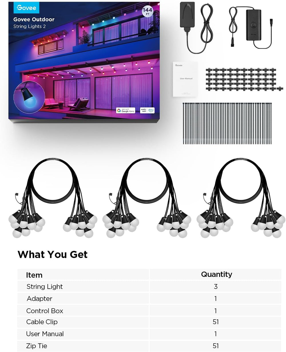 Govee Smart Outdoor String Lights 2, 144ft RGBIC Patio Lights with 45 Bulbs