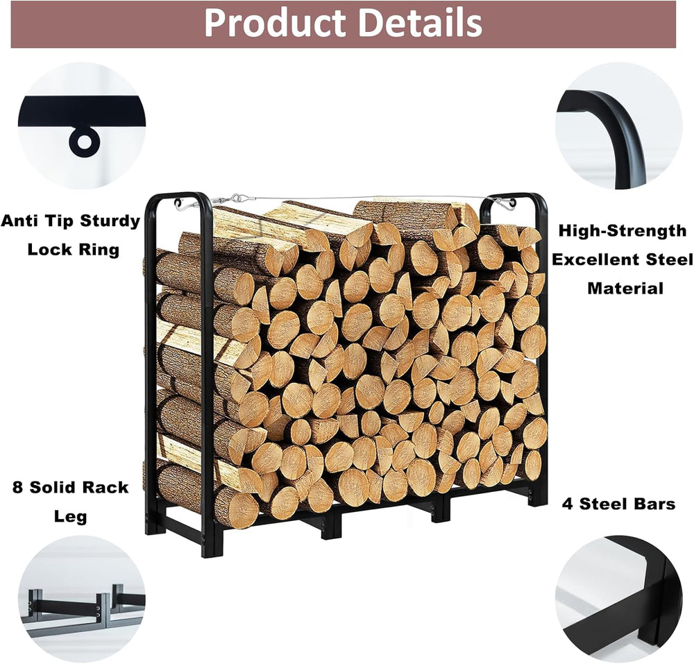 4FT Firewood Rack Stand - Fireplace Wood Storage Stacker Holder Heavy Duty Pi...