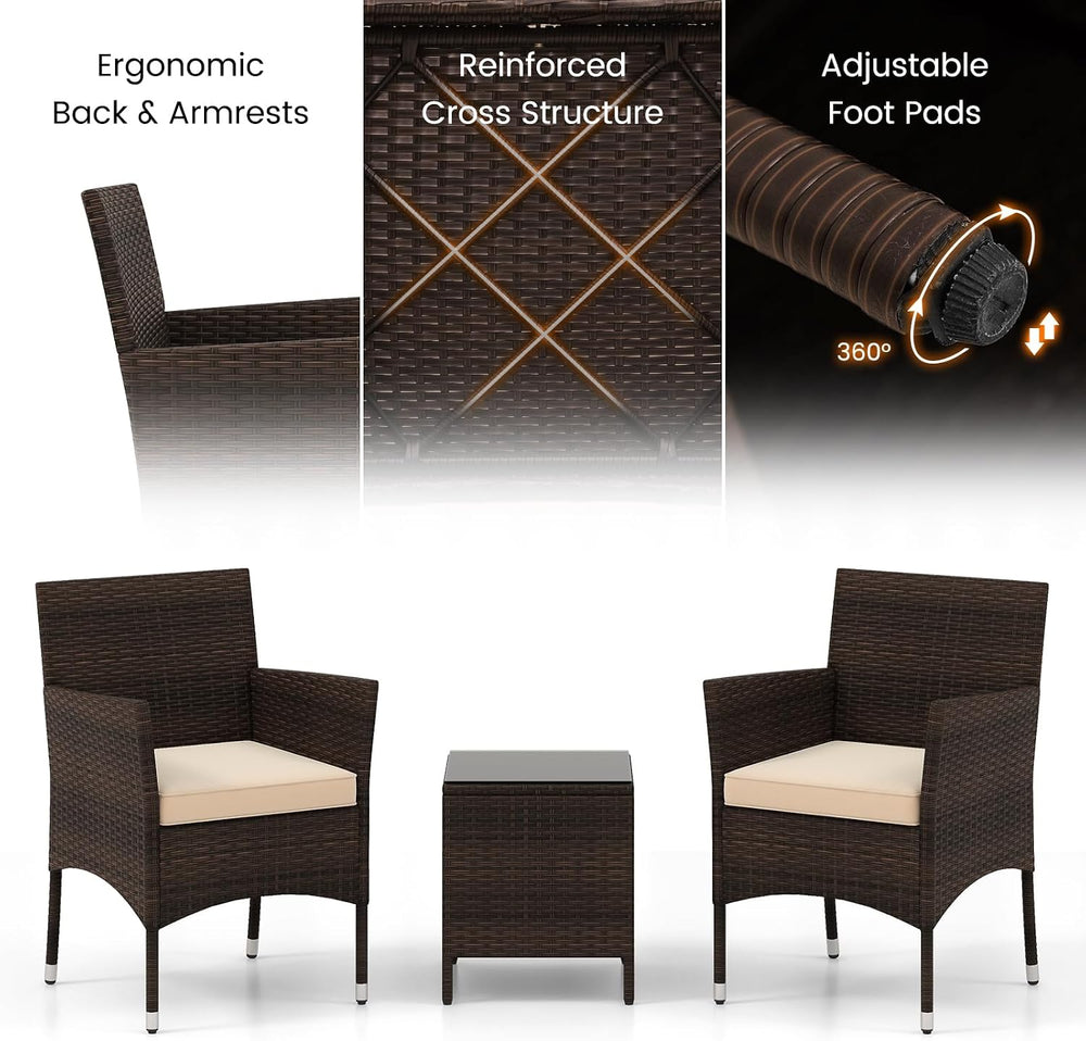 RELAX4LIFE 3-Piece Patio Furniture Set - Rattan Wicker Outdoor Conversation S...